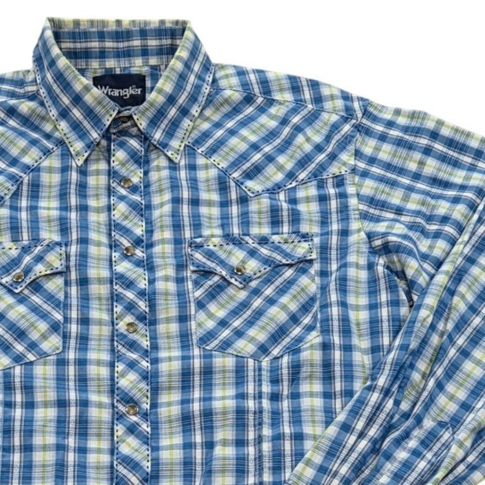 Wrangler Blue Plaid Western Shirt Long‎ Sleeve Snap Button Exposed Stich Men's L